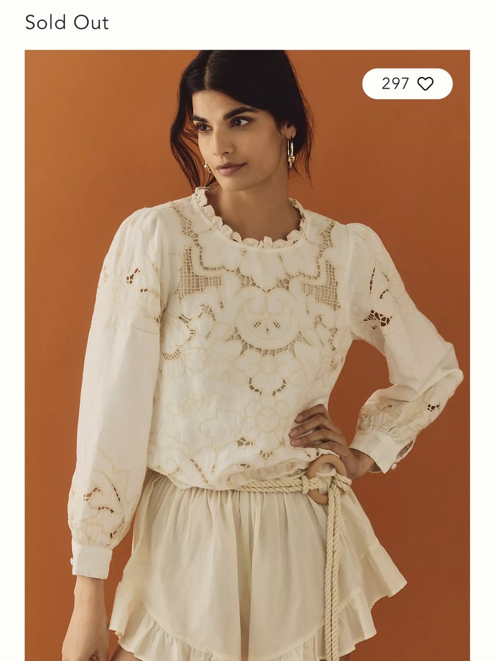 Anthropologie Cream Lace Embroidered Long-Sleeve Blouse